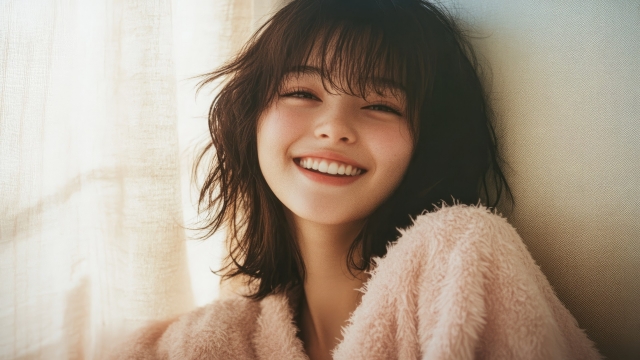 笑顔の美人女性がこちらを向いて微笑んでいる写真。