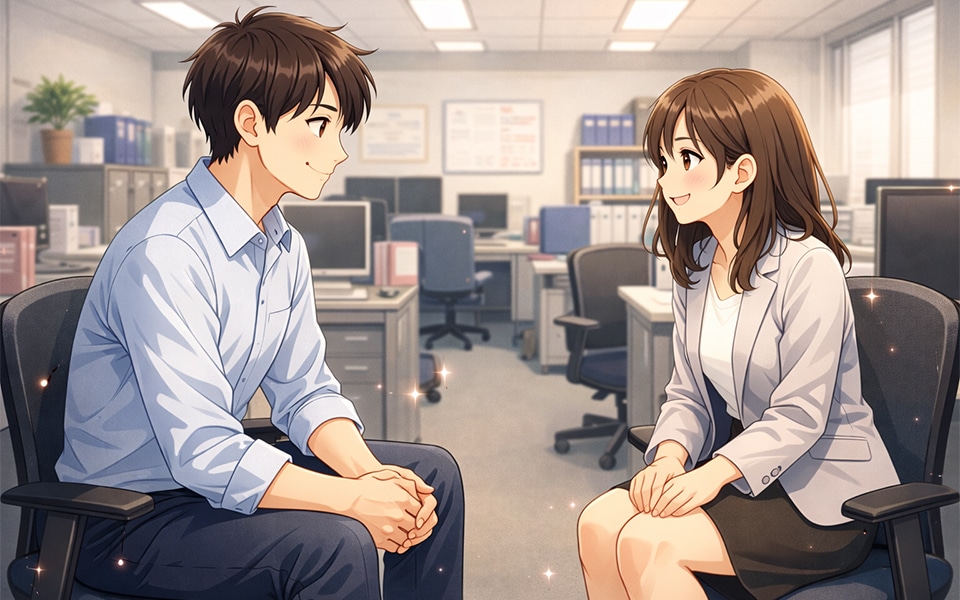 身体を男性側に向けている女性