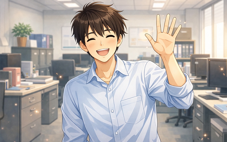 笑顔で挨拶する男性