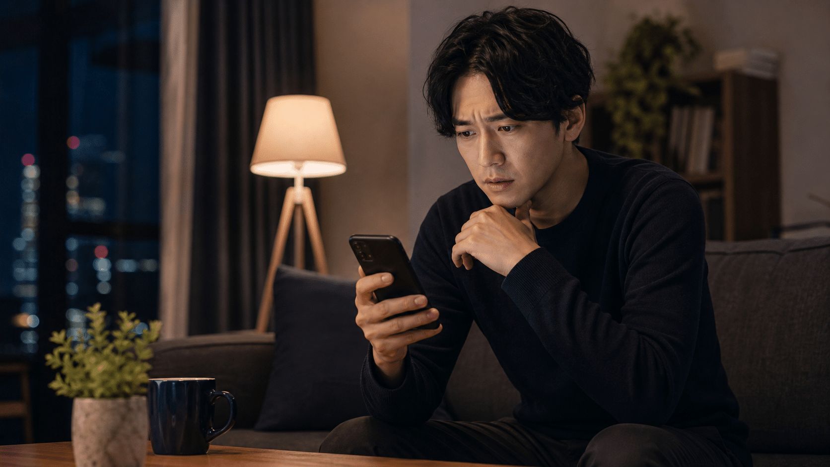 女性からの返信を不安そうに待つ男性