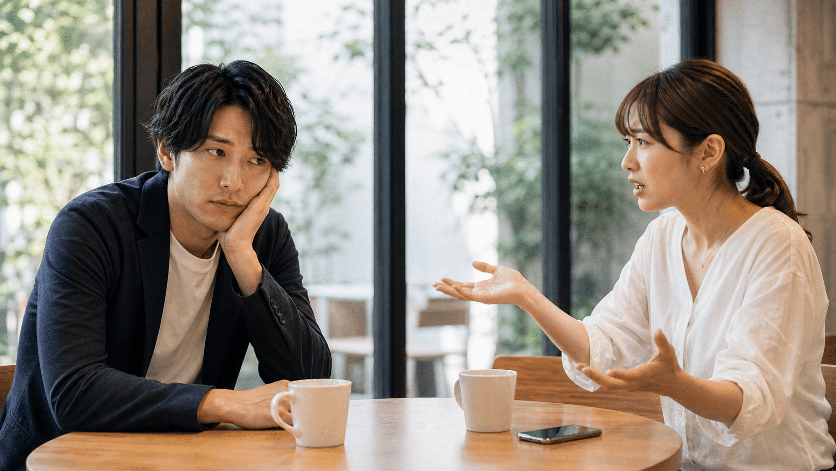女性の話を一方的に聞いて疲れている男性