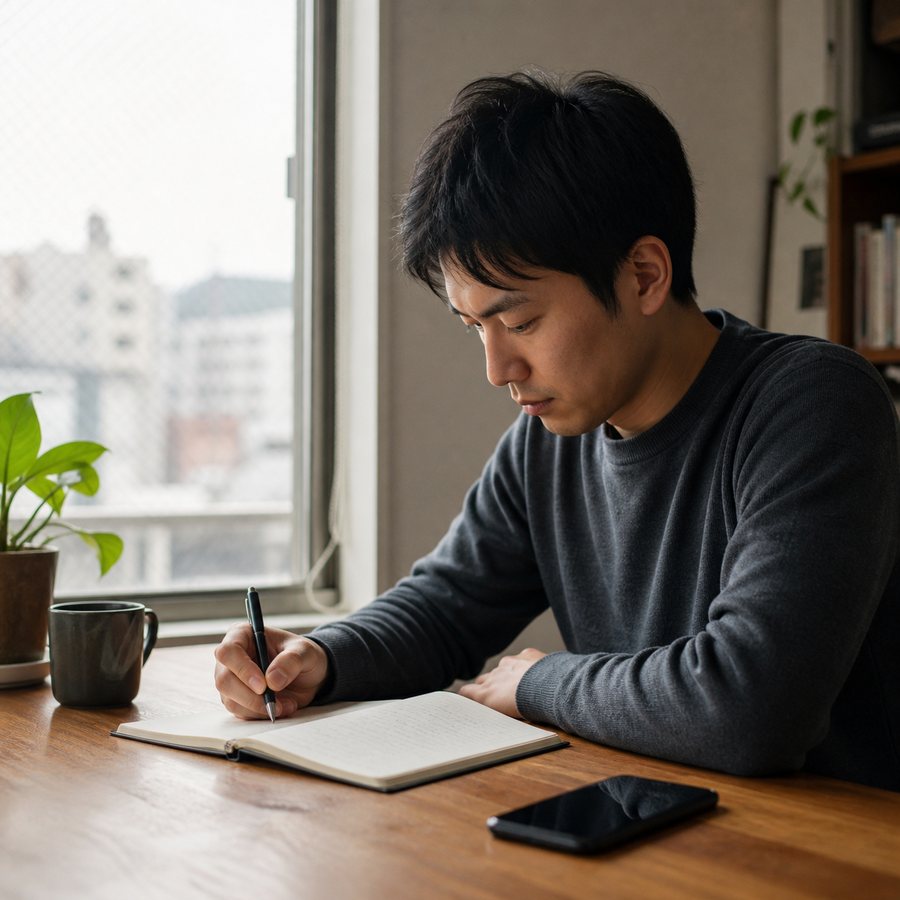 好きな女性の結婚に対する感情をノートに整理する男性