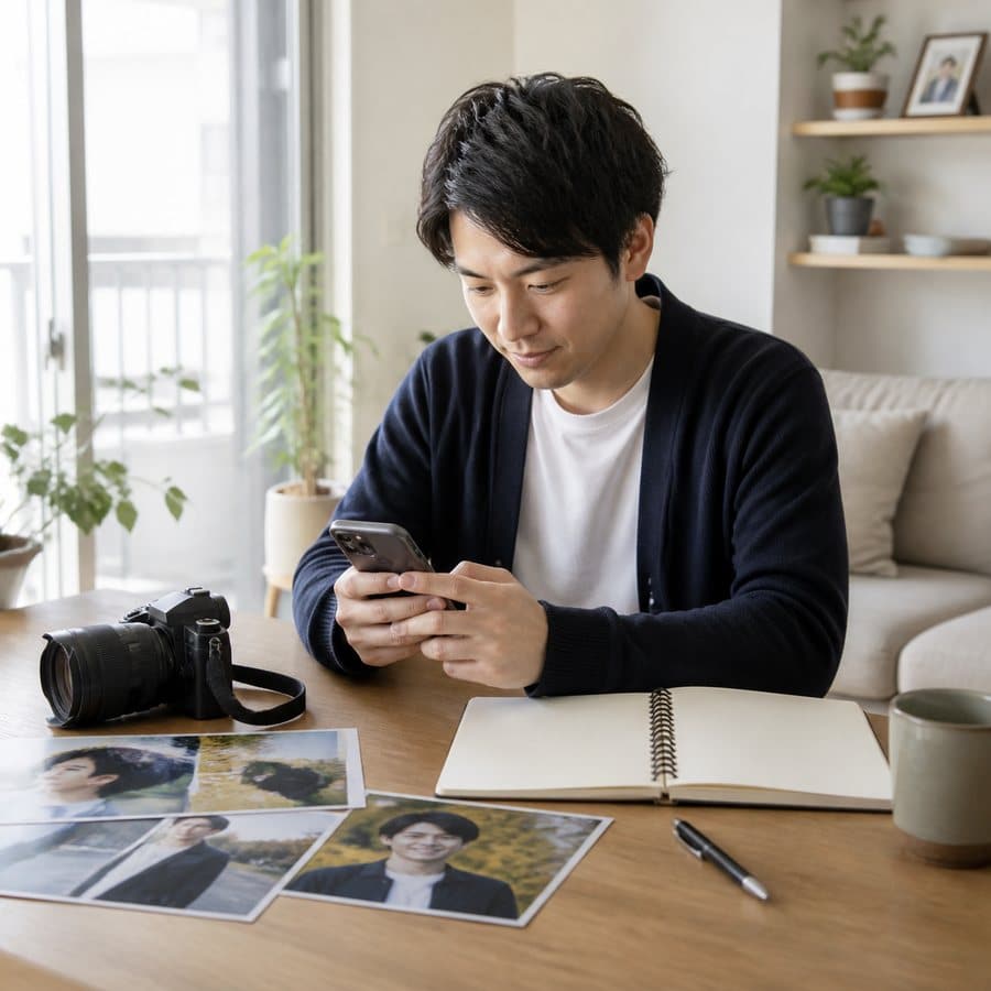 写真とプロフィールを整えて次の出会いを準備する男性