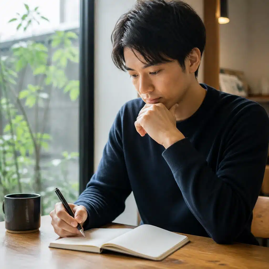 嫉妬の奥にある恋愛課題をノートに書いて振り返る男性