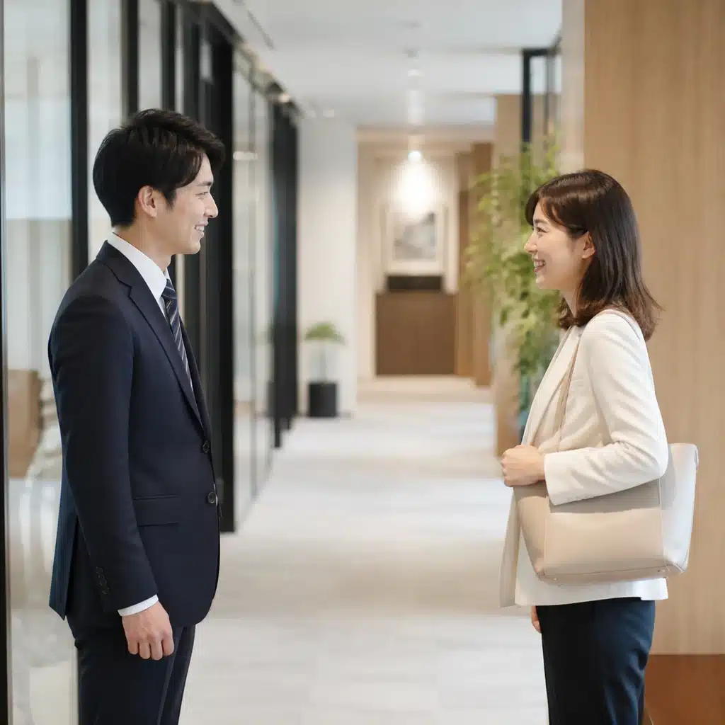 職場で好きな女性と適切な距離を保って挨拶する男性