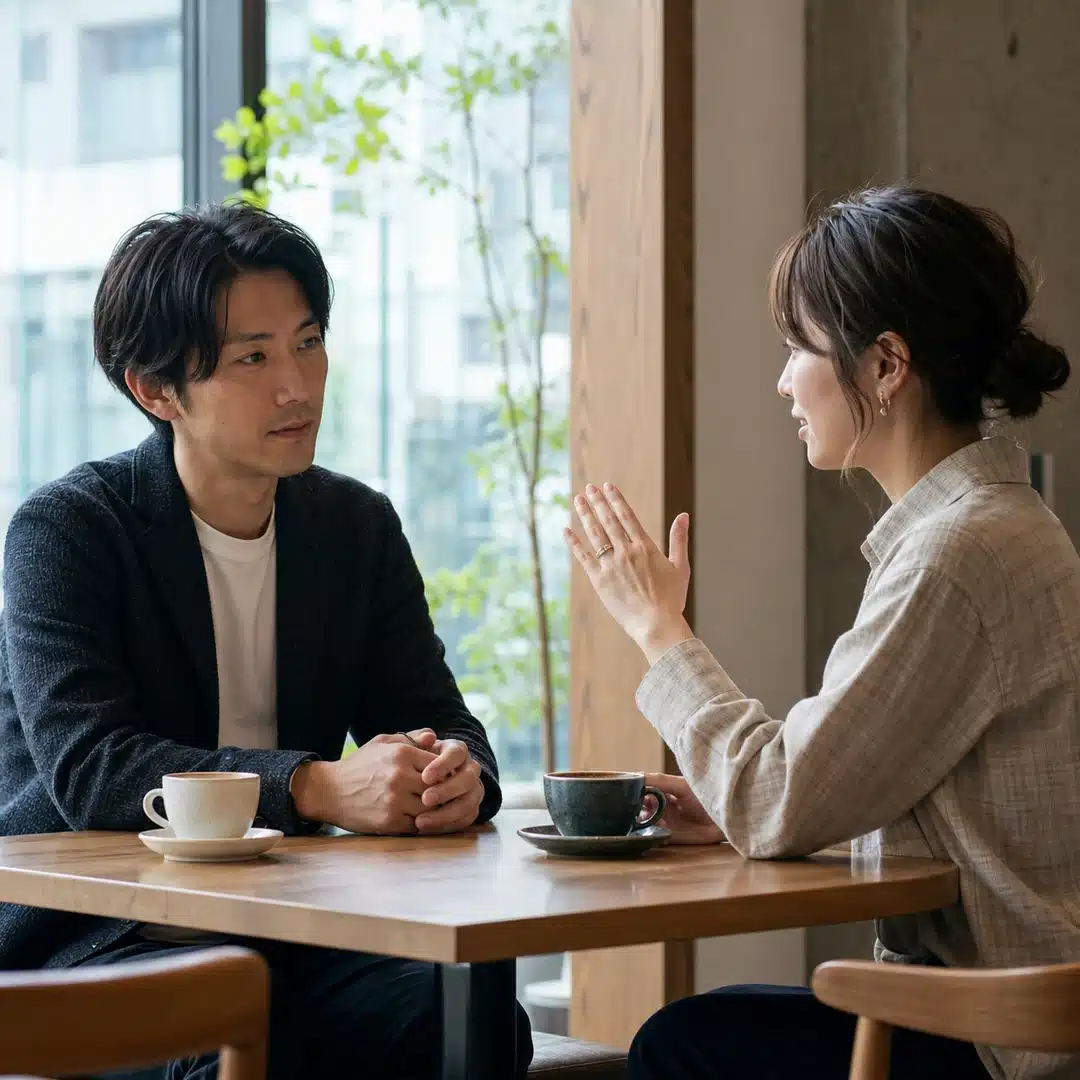 結婚報告を聞き、落ち着いて受け止める男性