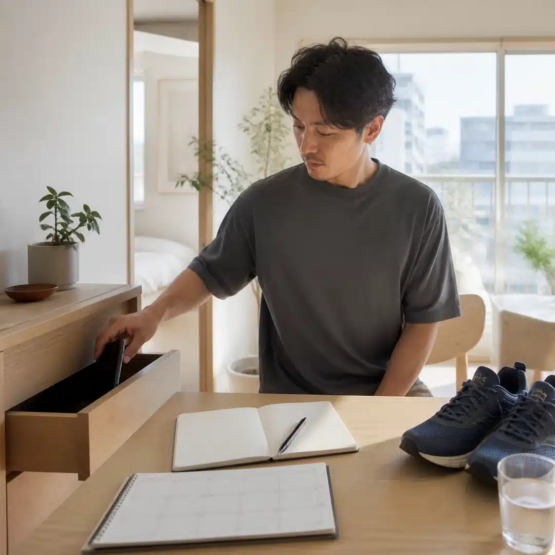 スマホを引き出しにしまい、接触を減らす男性