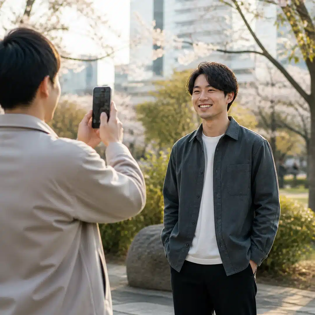 公園でプロフィール写真を撮影して新しい出会いへ動く男性